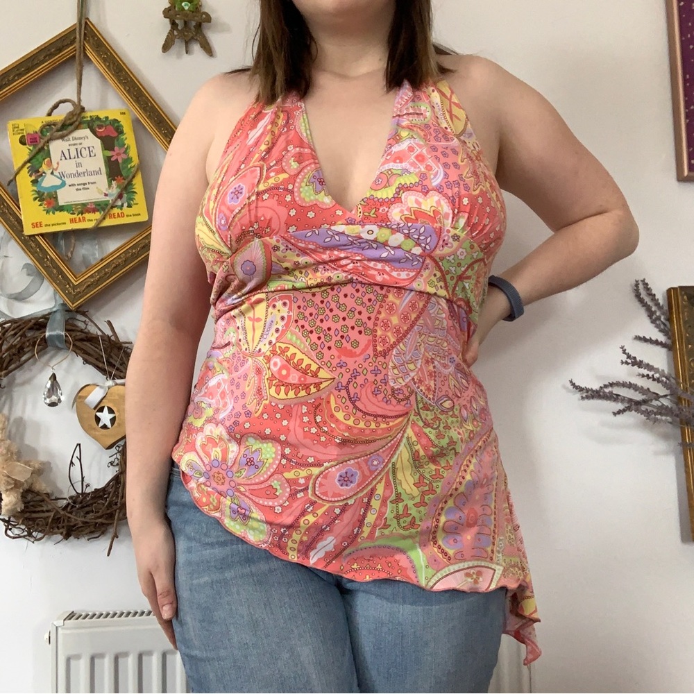 Y2K Peach Lime Green & Lilac Paisley Babydoll Halter Top Asymmetrical Large